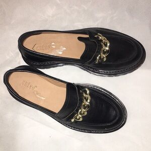 Crevo Black Leather Moccasins with Gold Chain Trim